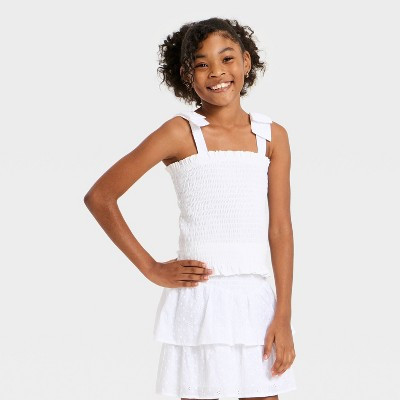 Girls' Smocked Tie Strap Eyelet Tank Top - art class™ White M | Target