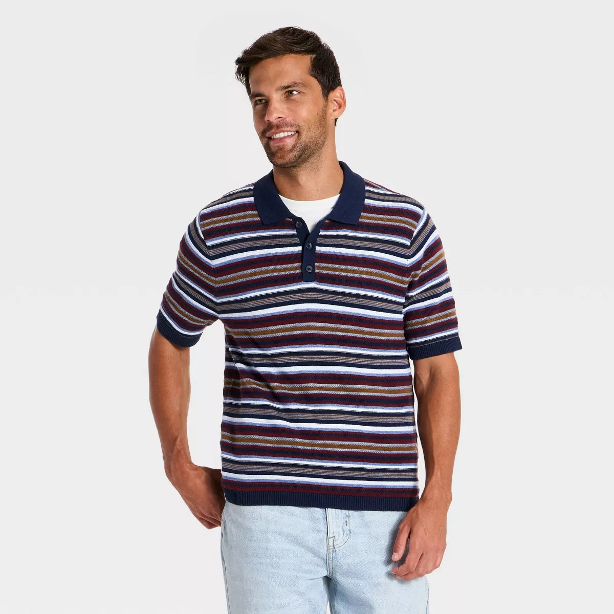 Men's Short Sleeve Jacquared 3 Button Sweater Polo - Goodfellow & Co\u2122 Navy Blue S | Target