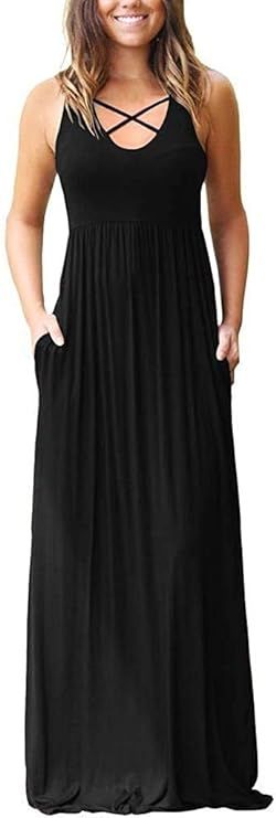 Ezbelle Women's Sleeveless Racerback Maxi Dresses with Pockets Plain Loose Long Dress | Amazon (US)