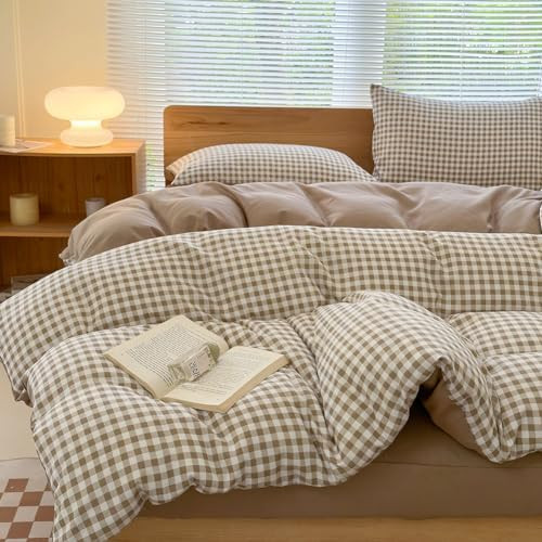 NSNLGSGC Queen Gingham Grid Duvet Cover Set Tan- Washed Microfiber Plaid Comforter Cover Set Brow... | Amazon (CA)
