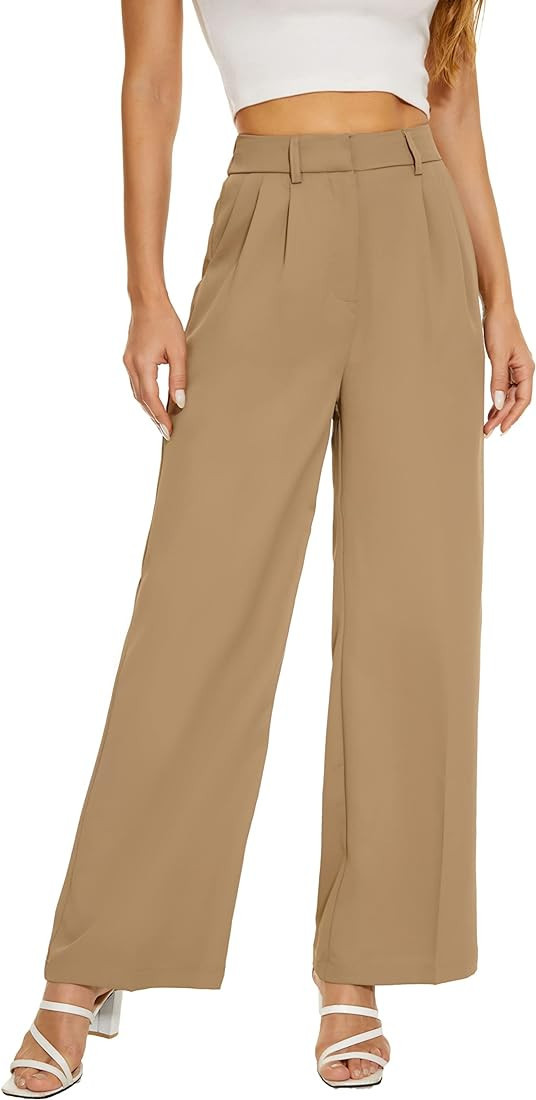 FUNYYZO Women's Wide Leg Pants High Elastic Waisted in The Back Business Work Trousers Long Strai... | Amazon (US)