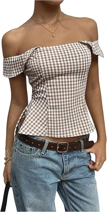 SweatyRocks Women's Off The Shoulder Cap Sleeve Gingham Blouses Side Split Summer Tops | Amazon (US)