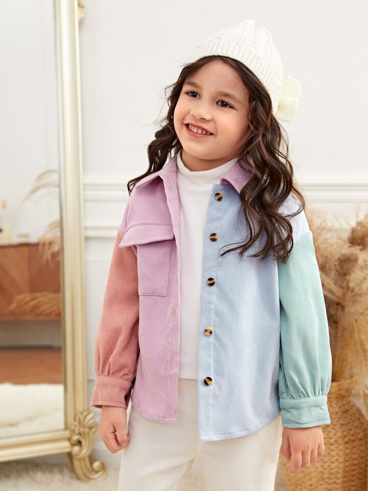 SHEIN Kids EVRYDAY Young Girl Color Block Flap Pocket Corduroy Shirt | SHEIN