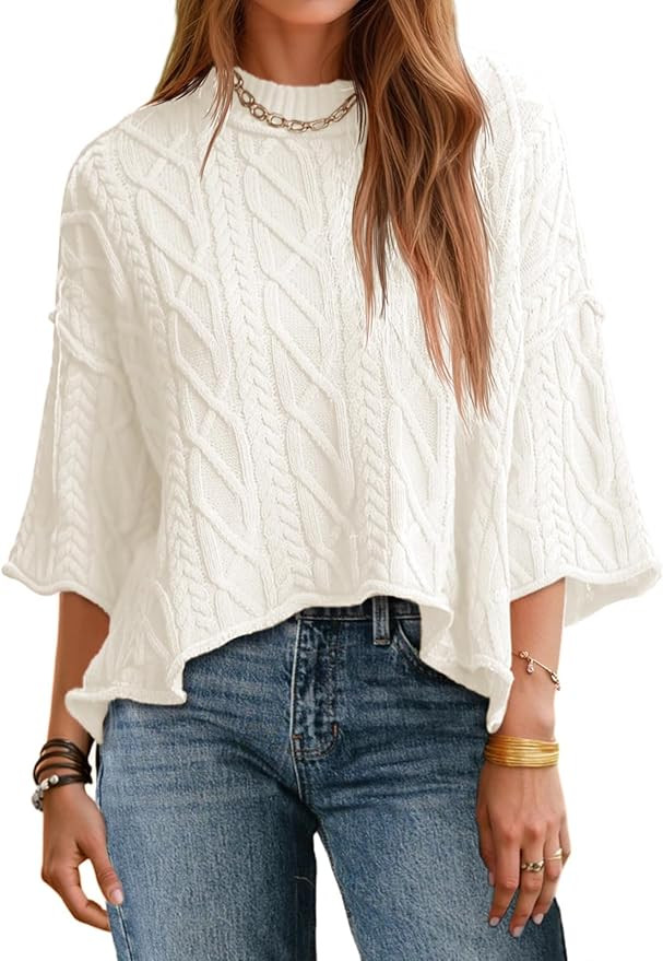 Saodimallsu Womens Cable Knit Cropped Sweaters Oversized 3/4 Sleeve Crew Neck Fall Casual Pullove... | Amazon (US)