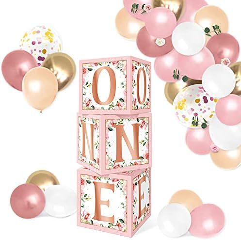 Rose Gold Floral One Balloons Boxes Decoration Baby First Birthday Backdrop Blocks Pink Flowers Phot | Amazon (US)