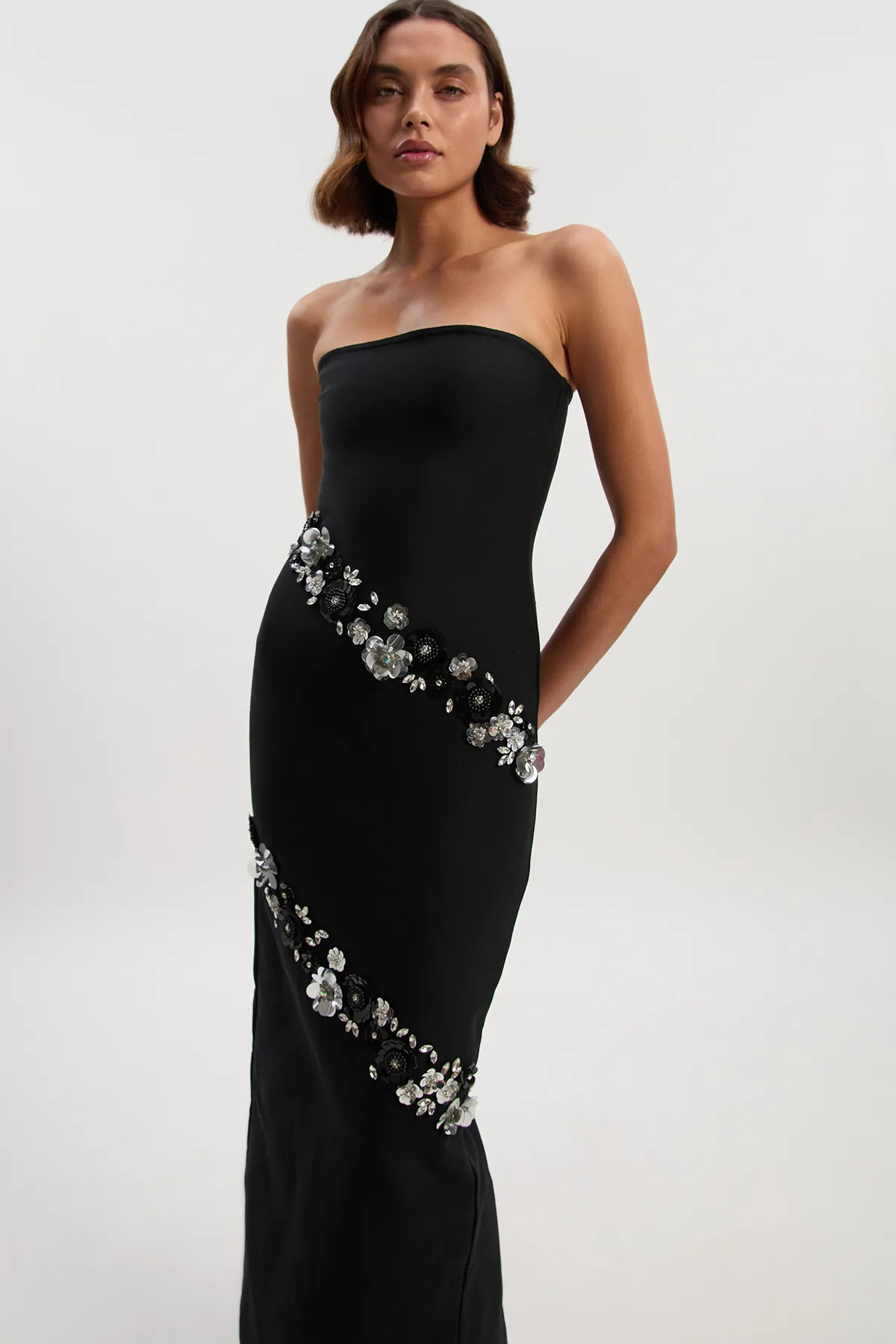 Black Embellished Figure Form Bandage Bandeau Maxi Dress | Karen Millen USA | Karen Millen US
