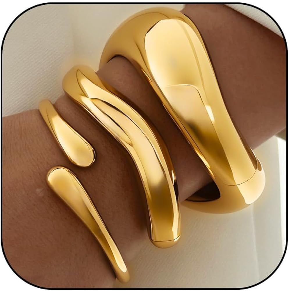 3Pcs Chunky Gold Bangles Bracelets for Women, Spring Hinged Big Stackable Bangles Set, Trendy Cuf... | Amazon (US)