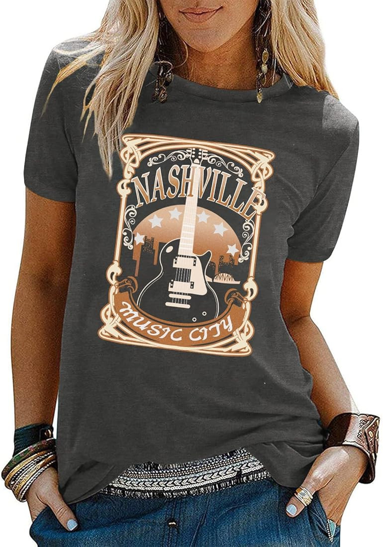 Wrenpies Women's Nashville Music City Tshirt Country Concert Tops Vintage Guitar Graphic Tees Ove... | Amazon (US)