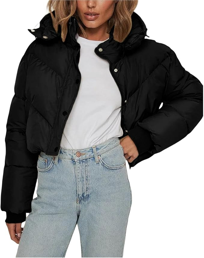 Zaxqunty Women's Cropped Puffer Jacket Winter Zip Up Short Padded Down Coat Hooded Outwear | Amazon (US)