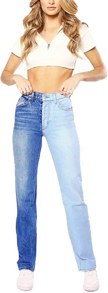 Women's High Waist Two Tone Color Block Jeans Straight Leg Stretchy Denim Pants | Amazon (US)