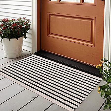 Black/White Outdoor Rug Runner 24'' x 51'', Collive Cotton Woven Striped Front Doormat, Washable Ind | Amazon (US)