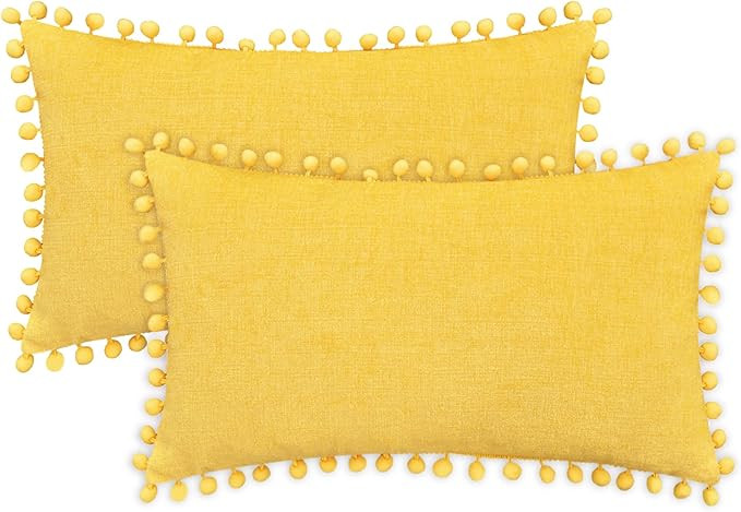 CaliTime Throw Pillow Cases Pack of 2 Cozy Solid Dyed Soft Chenille Cushion Covers with Pom Poms ... | Amazon (US)