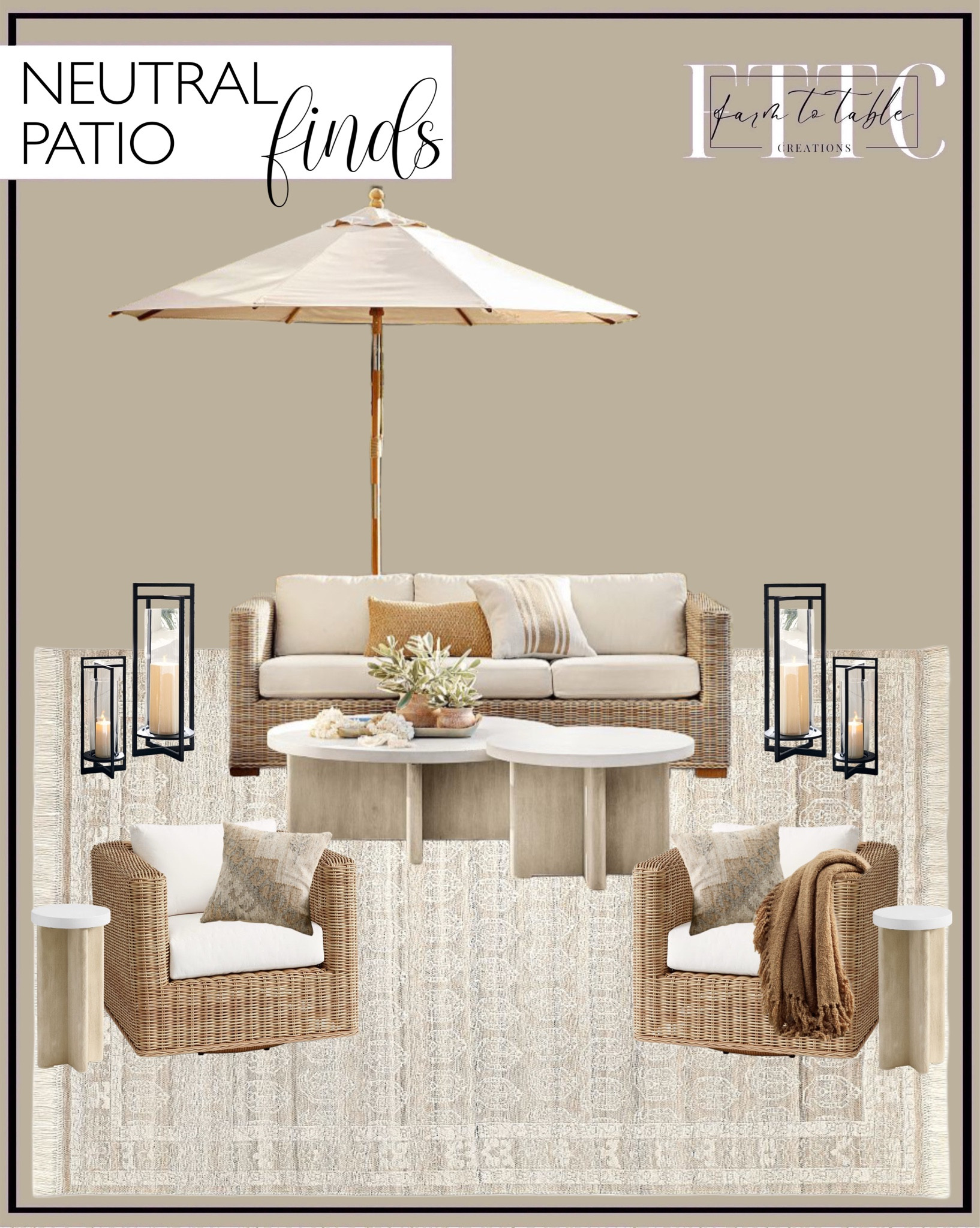 Neutral Patio Finds. Follow @farmtotablecreations on Instagram for more inspiration.

Huntington Wicker Square Arm Outdoor Sofa (81"). Cayman Concrete & Eucalyptus Round Outdoor Nesting Coffee Table. Huntington Wicker Square Arm Swivel Outdoor Lounge Chair. Cayman Concrete & Eucalyptus Round Outdoor Accent Table (11"). Lilianna Outdoor Rug. 10' Rectangular Outdoor Patio Umbrella – Teak Frame. Faux succulent. Dreamy Handwoven Fringe Throw. Outdoor Pillow. Lumbar Pillow covers. Brooks Cross Bar Steel & Glass Outdoor Lantern. Patio String Lights. Fossilized Clam Decorative Object. 

Outdoor Spaces | Patio Furniture | Living Room | Dining Room | Dining Room Artwork | Bathroom Finds | Bedroom Finds | Bedroom Furniture | nightstands | Home Decor| Fireplace Decor | Spring Refresh |  Bedroom Finds | Neutral Stems | Spring Stems | Bookshelf Decor | Bedroom Space | Cozy Corner | Bathroom | Curated Entryway | Spring  Decor | End of Year Clearance | Trending Decor | Viral Decor | Amazon Holiday | Bedroom corner | Coffee Table Decor | Neutral Decor | Fall Stem Sale | Target Finds | Skinny Bench | Bedroom | Living Room | Breakfast Nook | Amazon Home | Target Sale | Loloi Rugs | Magnolia Home | console table | console table styling | faux stems | entryway space | front porch decor | neutral decor | entryway decor | cozy home | affordable decor |  home decor | home inspiration | console styling | entryway rug | cozy moody home | moody home decor | neutral home | bathroom decor | living room | spring decor | Hearth & Hand | Studio McGee | 2025 Home Trends | trending home | Crate&Barrel 




#LTKSaleAlert #LTKFindsUnder50 #LTKHome