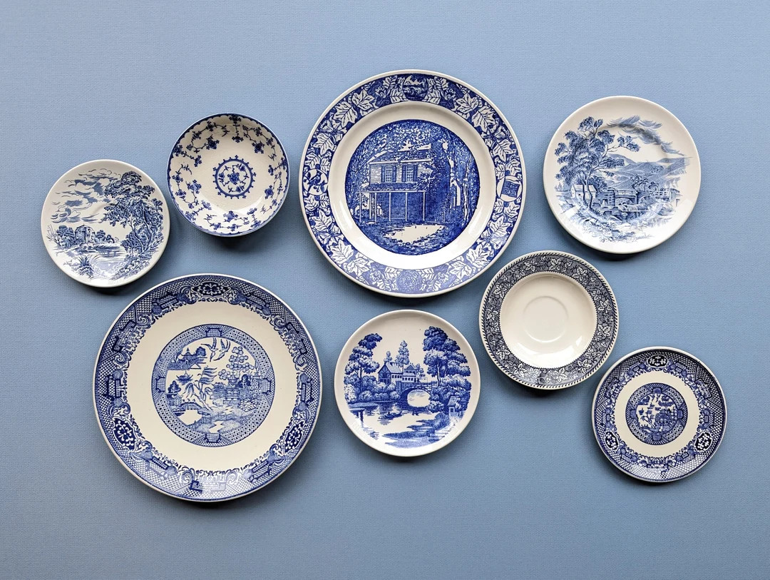 Vintage Blue and White Transferware Plate Wall Collection, Farmhouse Wall Decor Plate Display, Di... | Etsy (US)