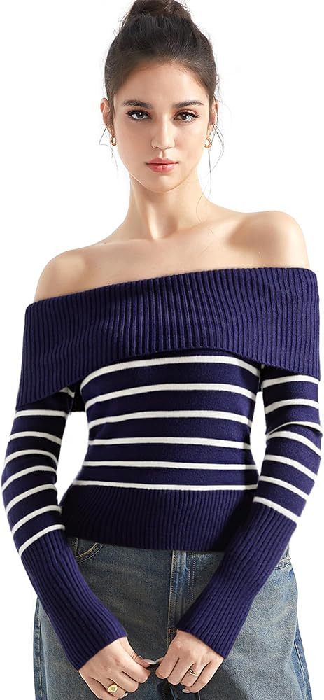 SUUKSESS Women Off Shoulder Sweaters Long Sleeve Ribbed Knit Going Out Fall Tops Blouse | Amazon (US)