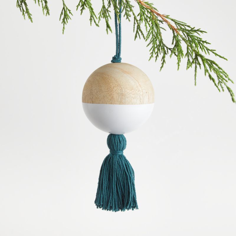 Wood Ball with Green Tassel Christmas Tree Ornament | Crate and Barrel | Crate & Barrel