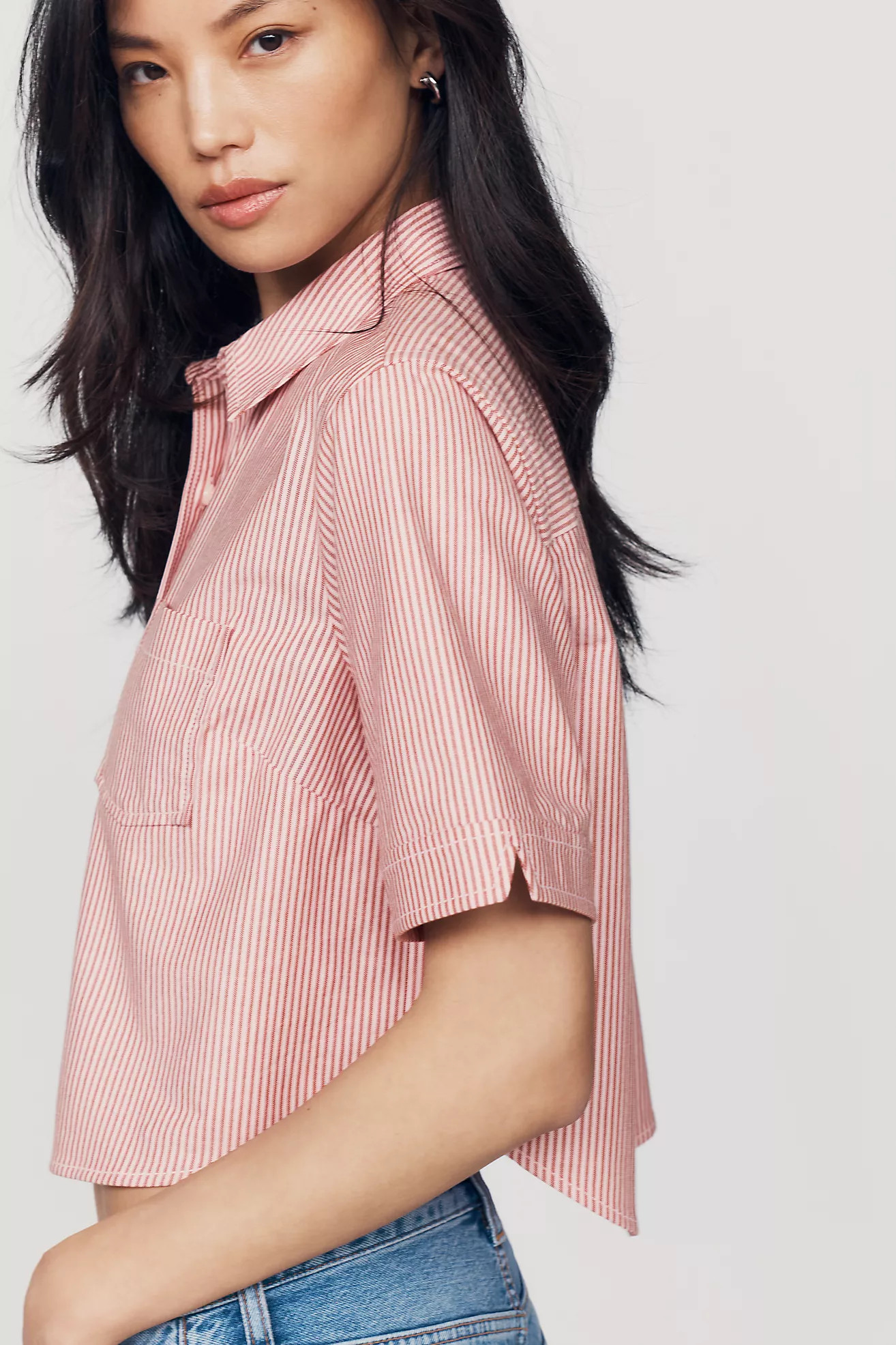 Maeve Merritt Short-Sleeve Cropped Buttondown Shirt | Anthropologie (US)
