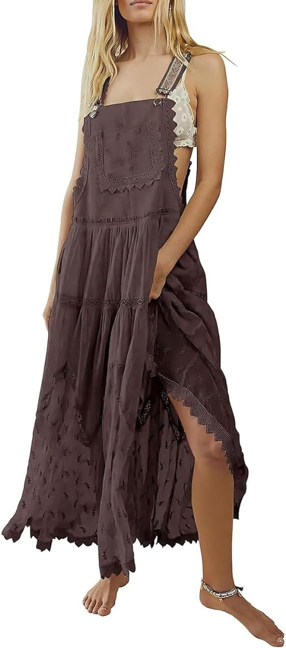chouyatou Women's Lace Embroidered Tiered Maxi Dress Casual Suspender Strap Bib Overall Jumper Dr... | Amazon (US)