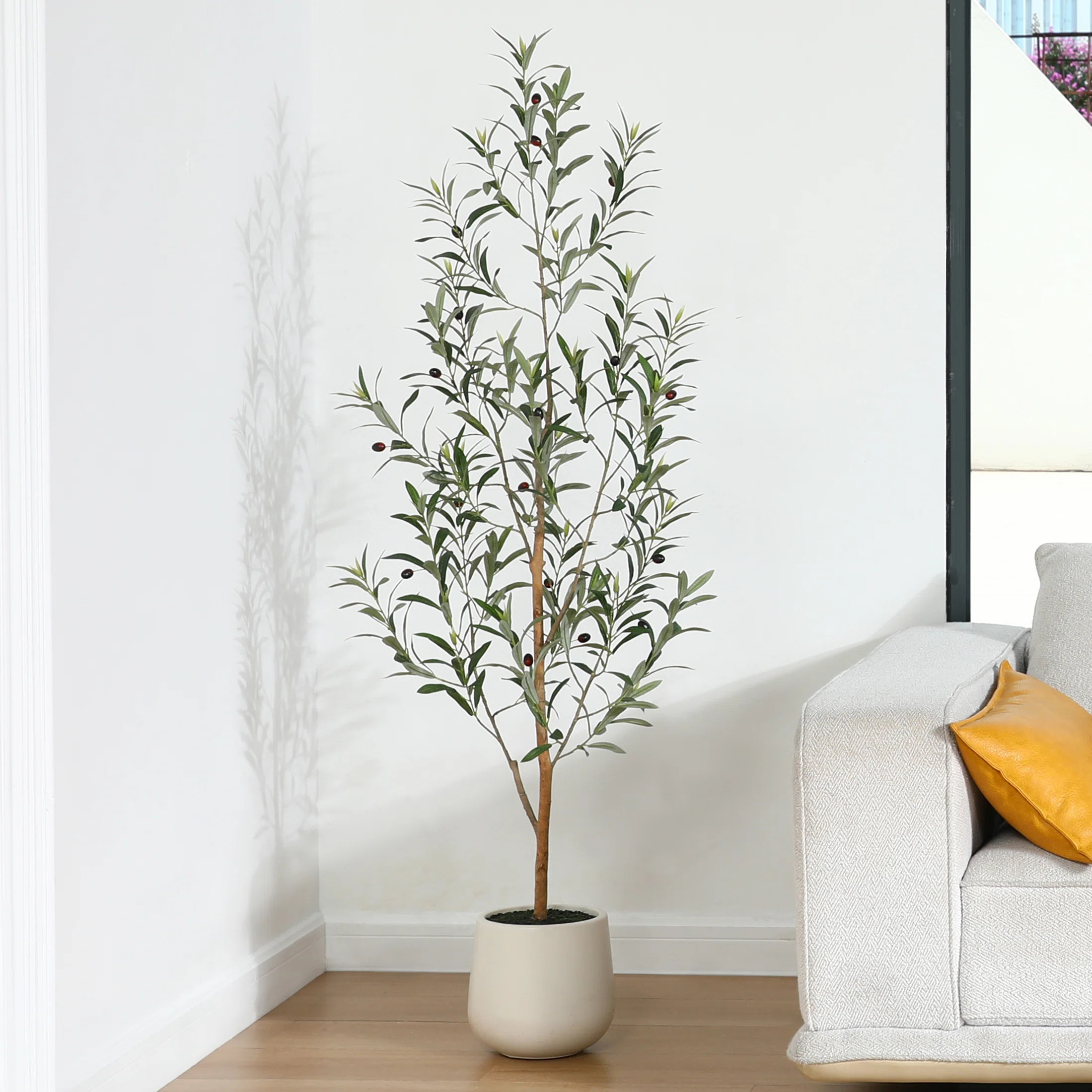 Adcock Artificial Olive Tree with White Planter, Tall Faux Olive Trees with Natural Wood Trunk | Wayfair North America