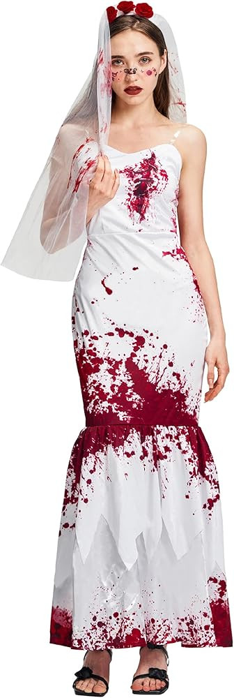 Women Zombie Bride Costume, Ghost Bloody Dress Cape Veil Headband Corpse Scary Outfit for Hallowe... | Amazon (US)