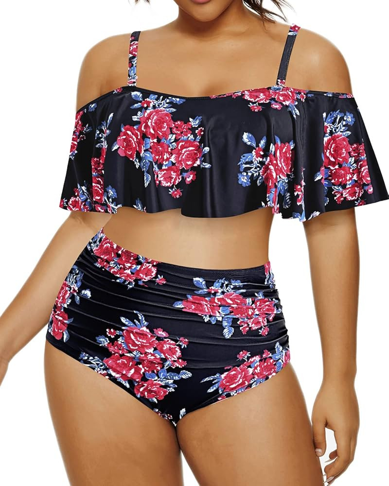 Daci Women Plus Size Two Piece Bikini Ruffle Swimsuits with High Waisted Tummy Control Bottom Ruched | Amazon (US)