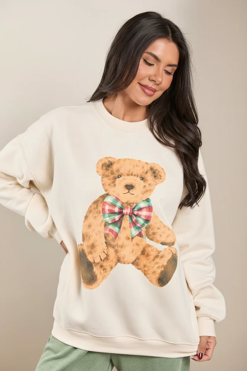 Christmas Vintage Teddy Bear Cream Graphic Sweatshirt | Pink Lily