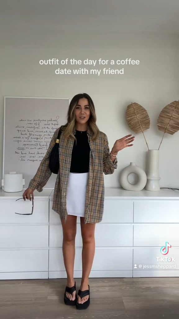 Basic outfit for coffee with a friend - coffee date ootd - chunky flip flops - chunky sandals - Burberry shirt - white linen shirt - side split linen skirt 

#LTKunder100 #LTKSeasonal #LTKtravel