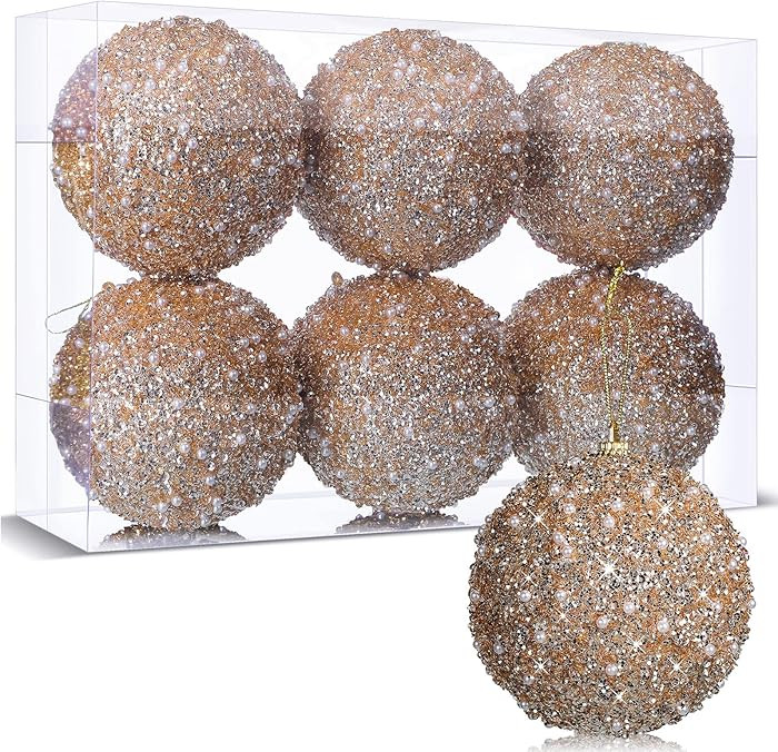 BBTO 6 Pcs 4 Inch Christmas Ball Ornaments for Tree Glitter Sequin Foam Hanging Ornaments Champag... | Amazon (US)