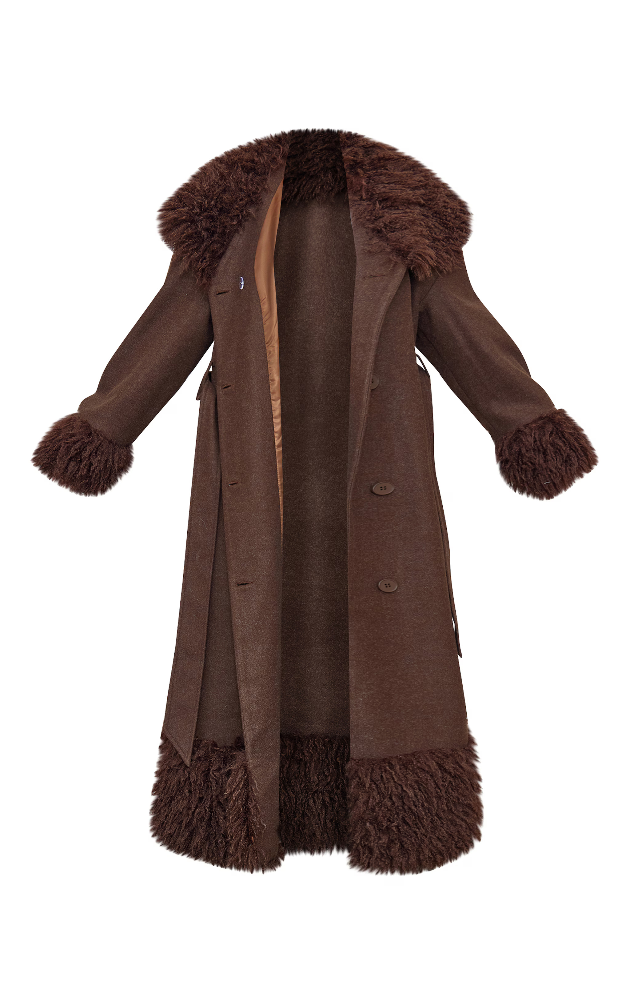 Plus Brown Faux Fur Trim Constrast Wool Look Coat | PrettyLittleThing US