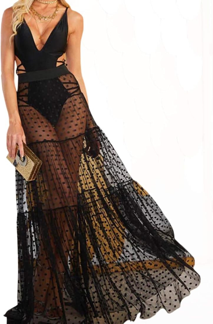 xxxiticat Women's Sexy Polka Dot Splicing See Through Maxi High Waisted Transparent Long Pleated Mes | Amazon (US)