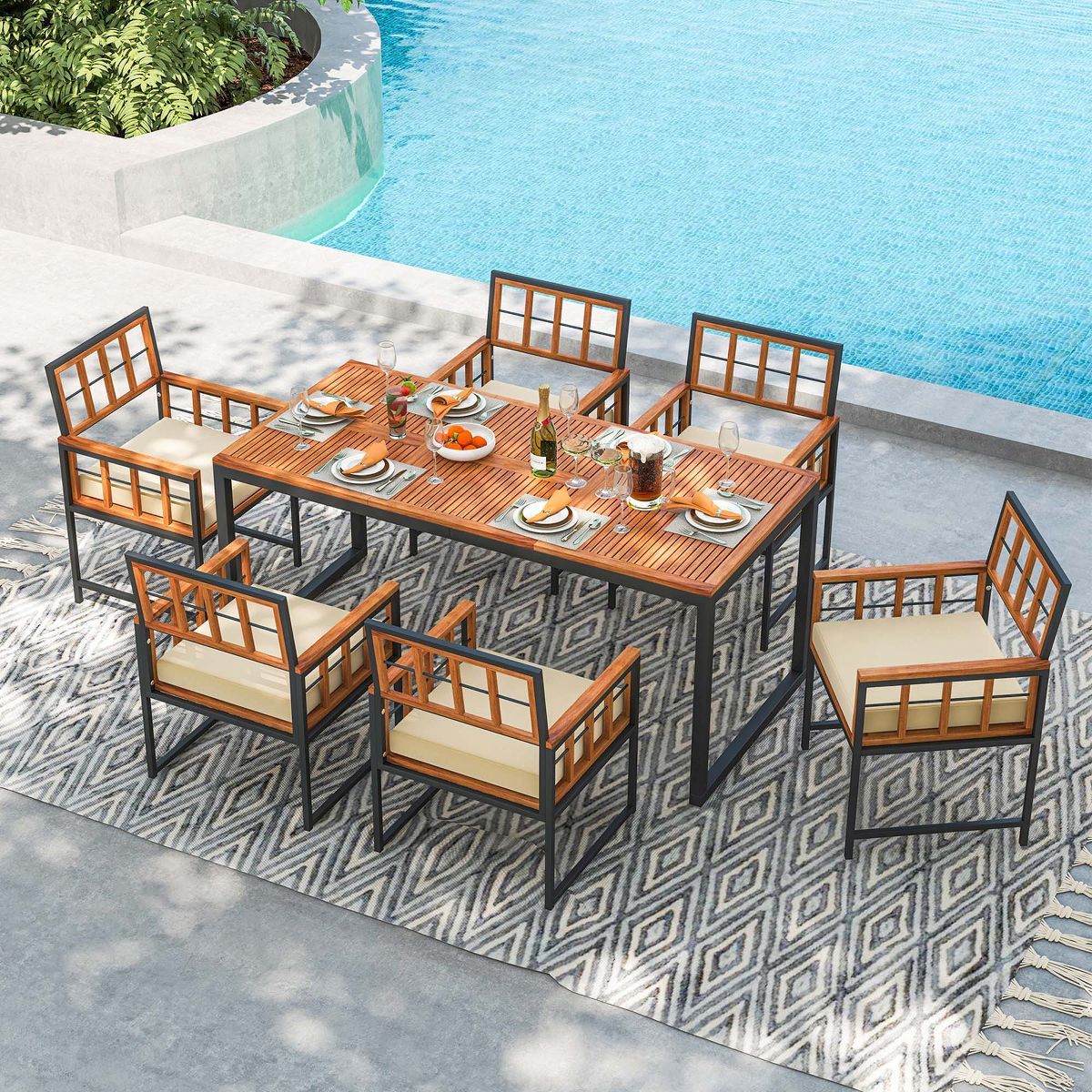 Costway 7 PCS Patio Dining Set Outdoor Acacia Wood Table with Soft Cushions Umbrella Hole | Target