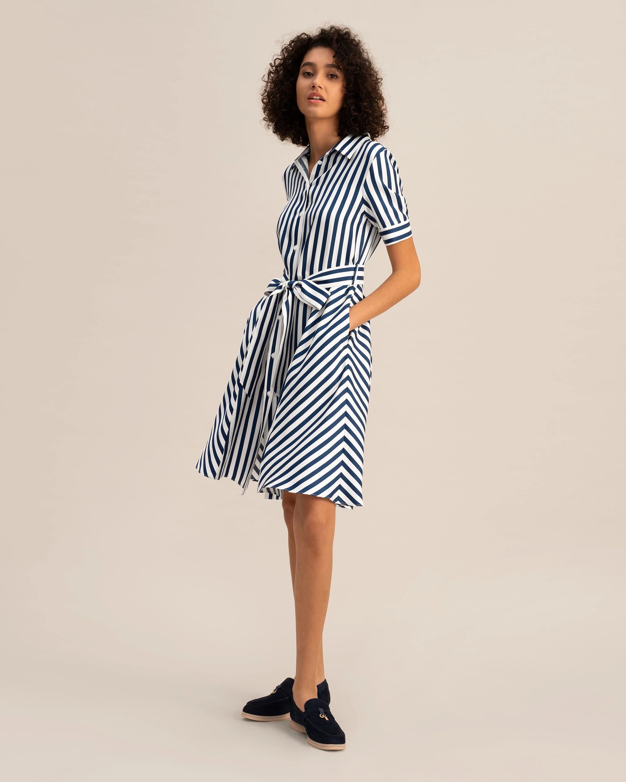 The Amalfi Stripe Silk Shirtdress with Belt | LilySilk