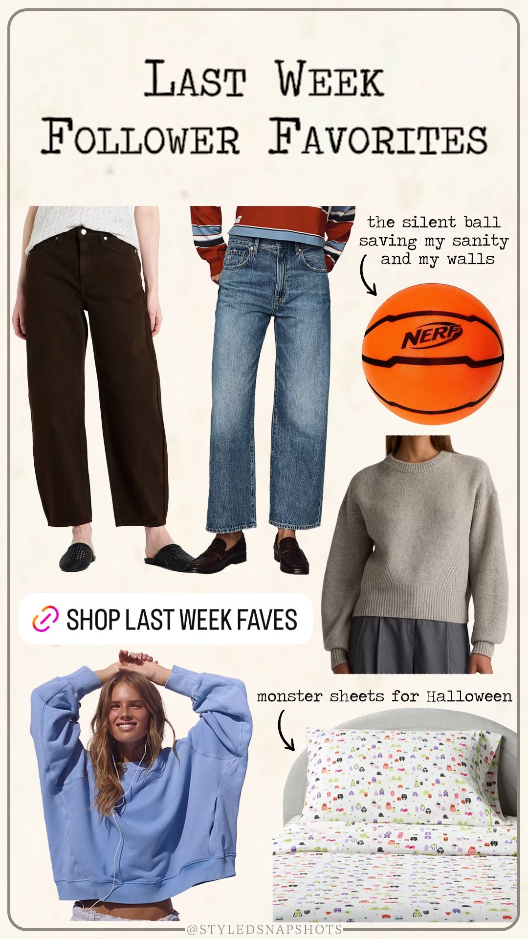 Last week follower favorites 
1. Dark brown barrel jeans - I sized up 1 to a 4 
2. Medium wash ankle jeans - I’m 5’5 and they hit right at my ankles. I went tts/26R. Use code STYLEDSNAPSHOTS 
3. Silent basketball 
4. Alpaca sweater - I sized up 1 to a medium 
5. Blue pullover - runs oversized. I ordered a small, but could do an XS
6. Halloween monster sheets

#LTKmomlife #LTKdayinmylife #LTKKids