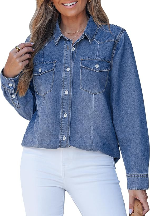 luvamia Denim Shirts for Women Long Sleeve Button Down Chambray Relaxed Fit Western Jean Shirts C... | Amazon (US)