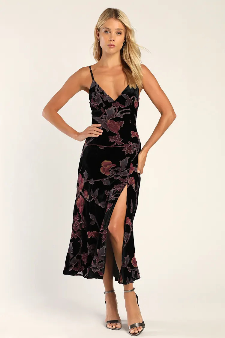 Divine Allure Black Floral Burnout Velvet Midi Dress | Lulus