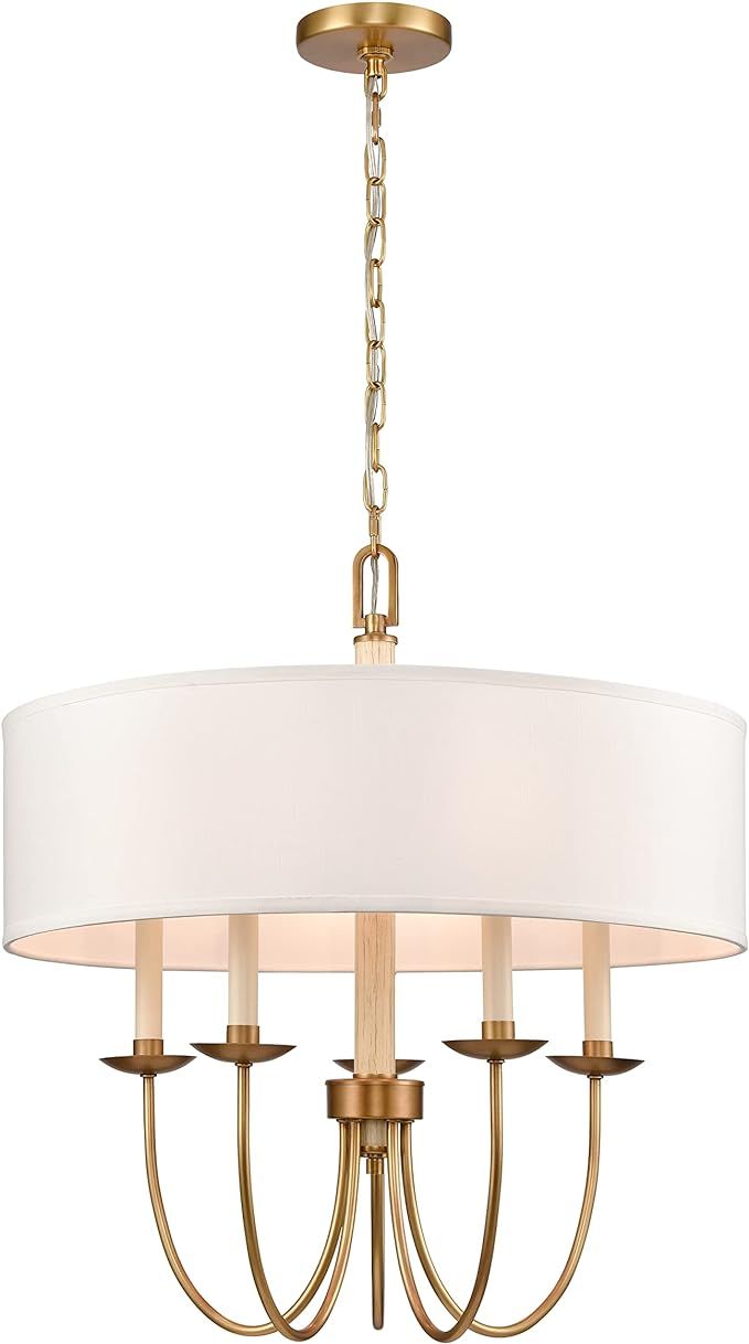 Elk Home Neville 5-Light Chandelier - in Natural Brass Finish, with White Fabric Drum Shade, Tran... | Amazon (US)