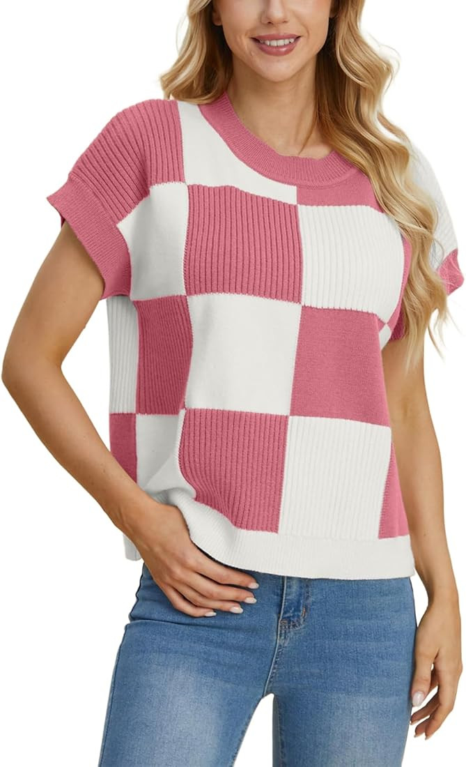 Women's Casual Pullover Checkerboard Knit Sweater Top in Black and White Soft Fabric with Short S... | Amazon (US)