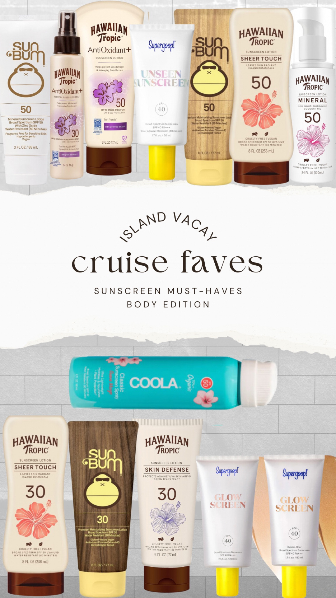 Great options for body sunscreen. My favorite is the Hawaiian Tropic Sheer Touch SPF 50 & SPF 30 options. They have a slight shimmer to them, smell amazing and are super creamy. I absolutely love using this sunscreen.

#LTKbeauty #LTKstyletip #LTKtravel