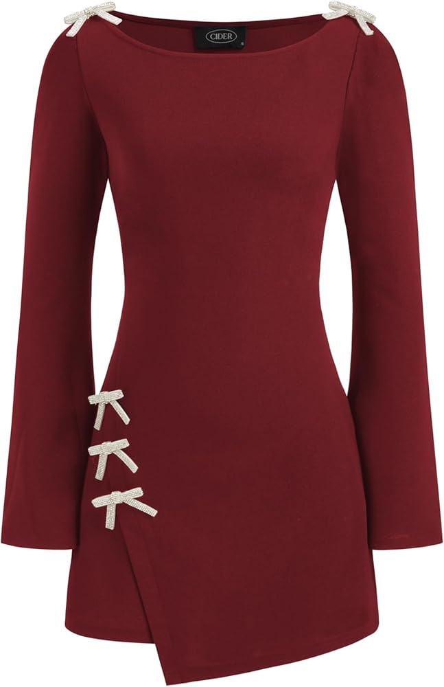CIDER Long Sleeve Mini Dress Bowknot Crew Neck Elegant A Line Knit Mini Dress Party Casual Dresse... | Amazon (US)