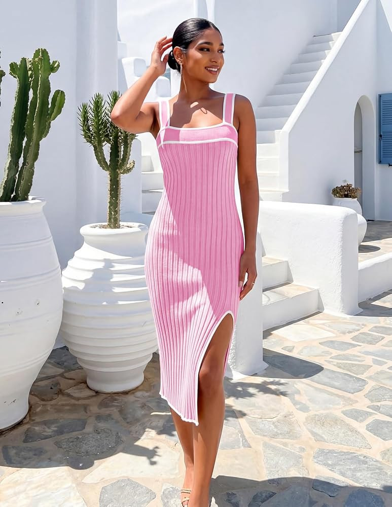 Amazon.com: MEROKEETY Womens Summer Striped Bodycon Midi Dress 2026 Beach Vacation Sleeveless Tan... | Amazon (US)