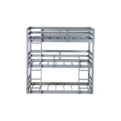 Grey triple twin bunk bed - detachable rubber wood construction with two ladders and protective guardrails | Wayfair North America