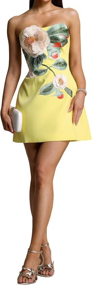 BELLA BARNETT Strapless Floral Embroidered Mini Dress for Women Yellow A-Line for Cocktail Party ... | Amazon (US)