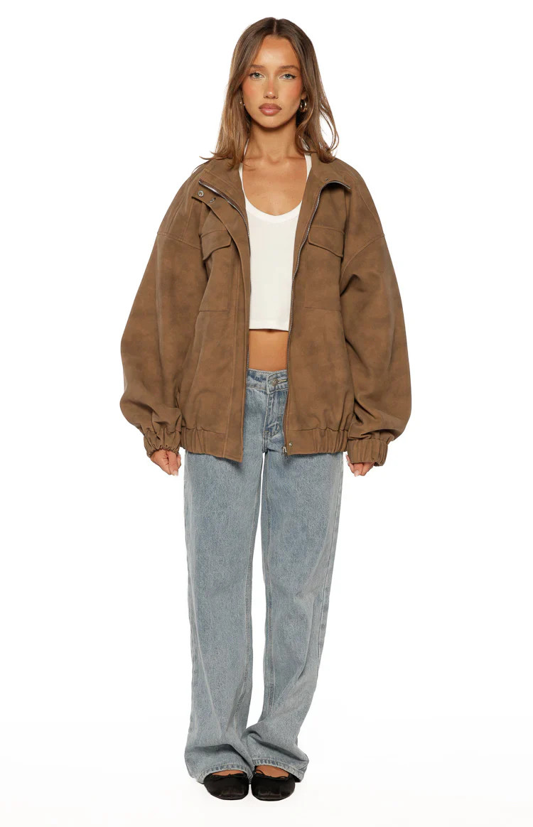 Sapna Brown Oversized Funnel Neck Suedette Jacket | Beginning Boutique | Beginning Boutique (US)