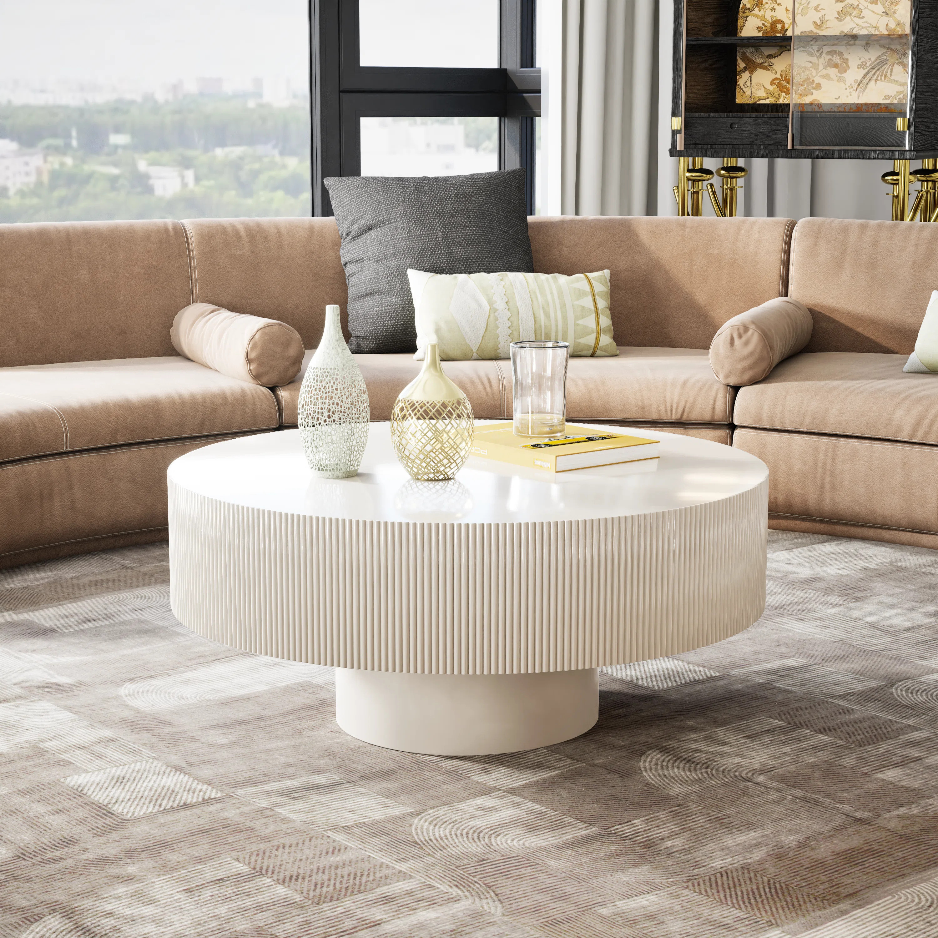 30.9" Modern Round Drum Coffee Table, Fluted Accent Center Table With Sturdy Base For Living Room | Wayfair North America