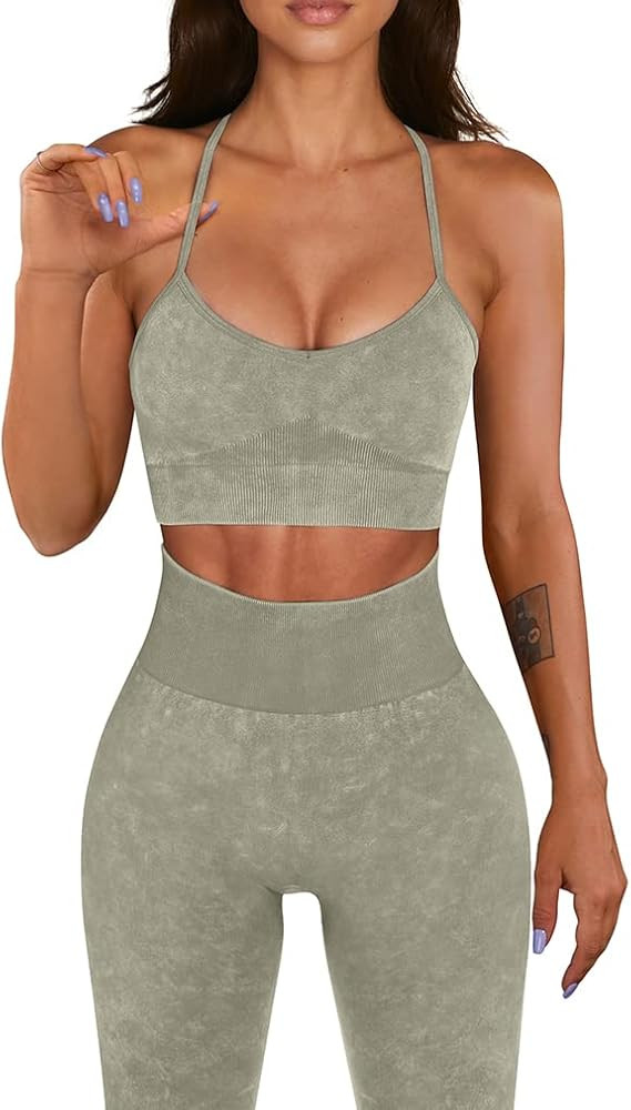 OQQ Workout Outfit for Women 2 Piece Seamless Acid Wash High Waist Leggings With Sports Bra Yoga ... | Amazon (US)