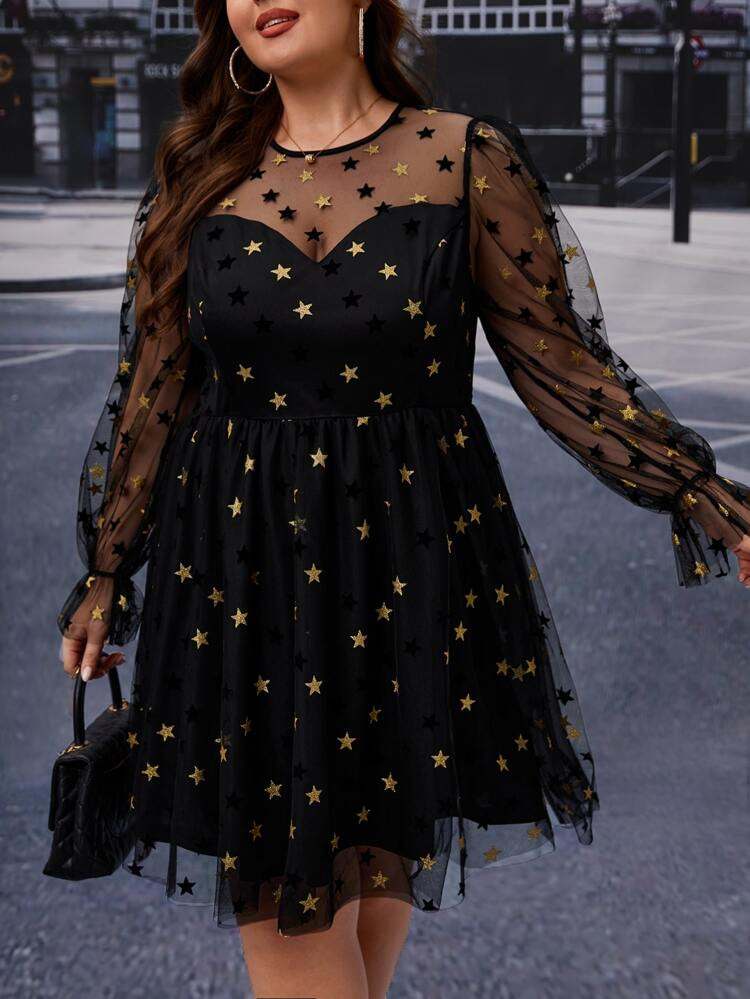 SHEIN Unity Plus Star Print Flounce Sleeve Mesh Dress | SHEIN