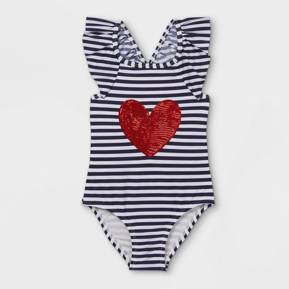 Toddler Girls' Striped Heart Print One Piece Swimsuit - Cat & Jack Navy 2T, Blue | Target