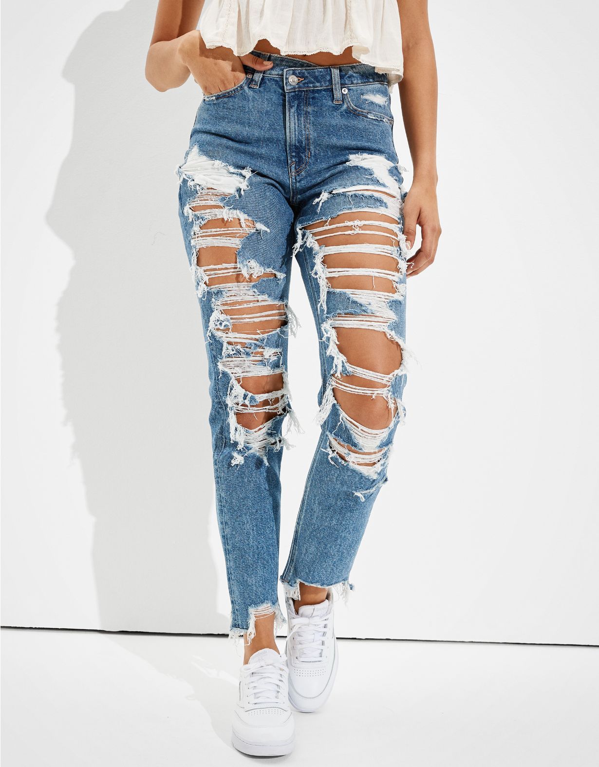 AE Stretch Crossover Ripped Highest Waist Mom Jean | American Eagle Outfitters (US & CA)