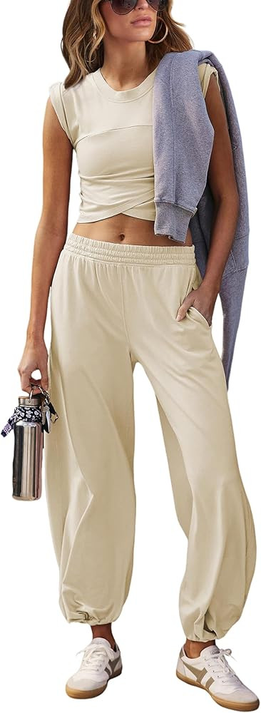 Springrain Womens Two Pieces Outfits Casual Lounge Sets Cropped Tops Sweatpants Tracksuit with Po... | Amazon (US)