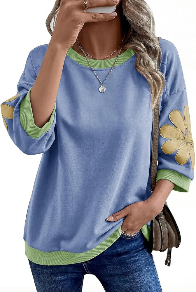Dokotoo Women's Oversized 3/4 Sleeve Sweatshirt Floral Patch Crewneck Pullover Casual Tops | Amazon (US)